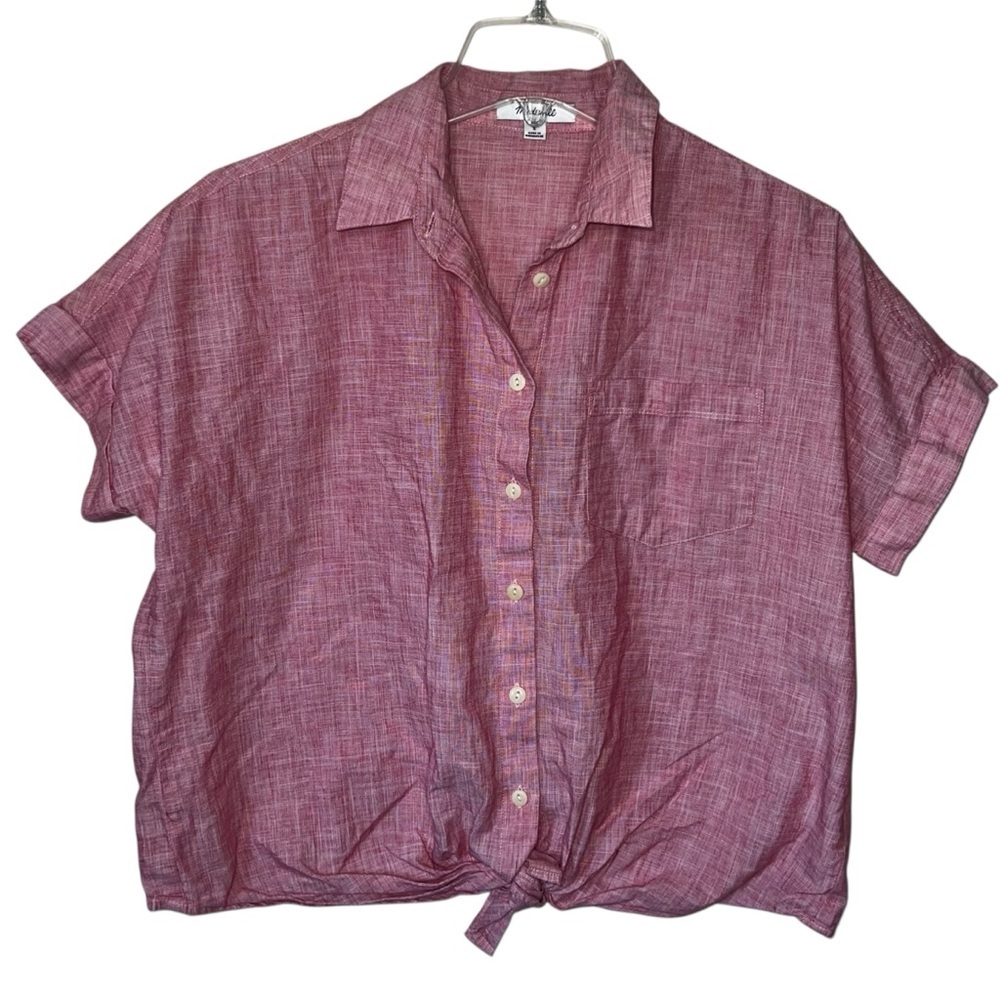 Madewell End On End Tie Front Short Sleeve Top Pink Size Small